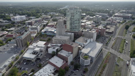 aerial drone, durham north carolina, usa, downtown, cityscape