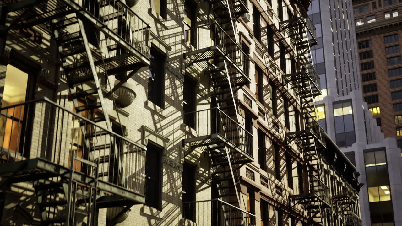 Evening light highlights shadows on urban building facades