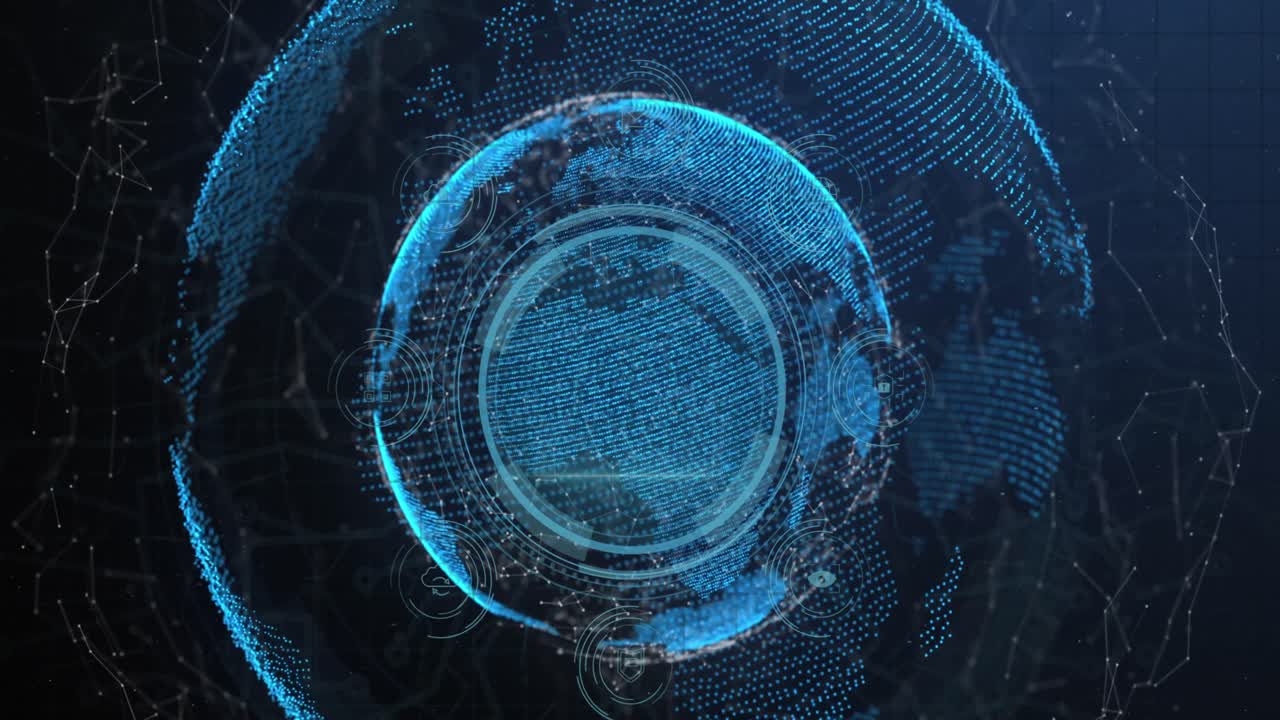 animación del escáner de texto y huellas dactilares de protección de datos en todo el mundo y red de conexiones