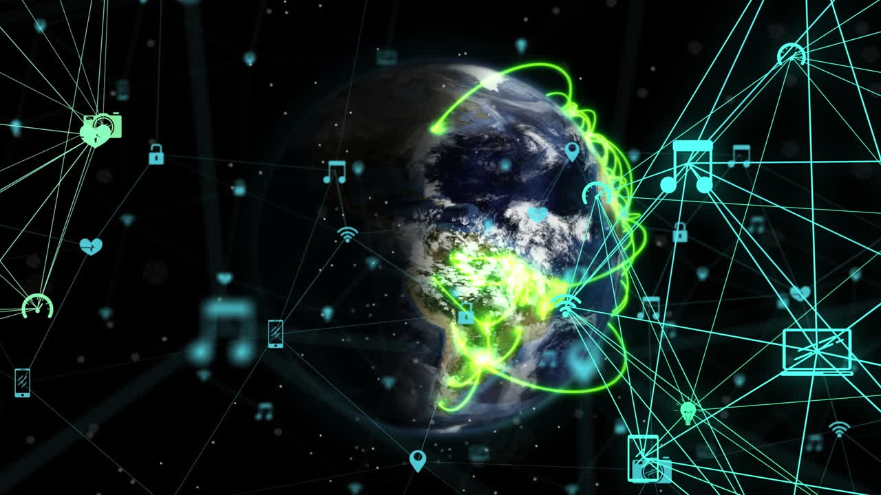 Animation of network of digital icons and green light trails over spinning globe on black background