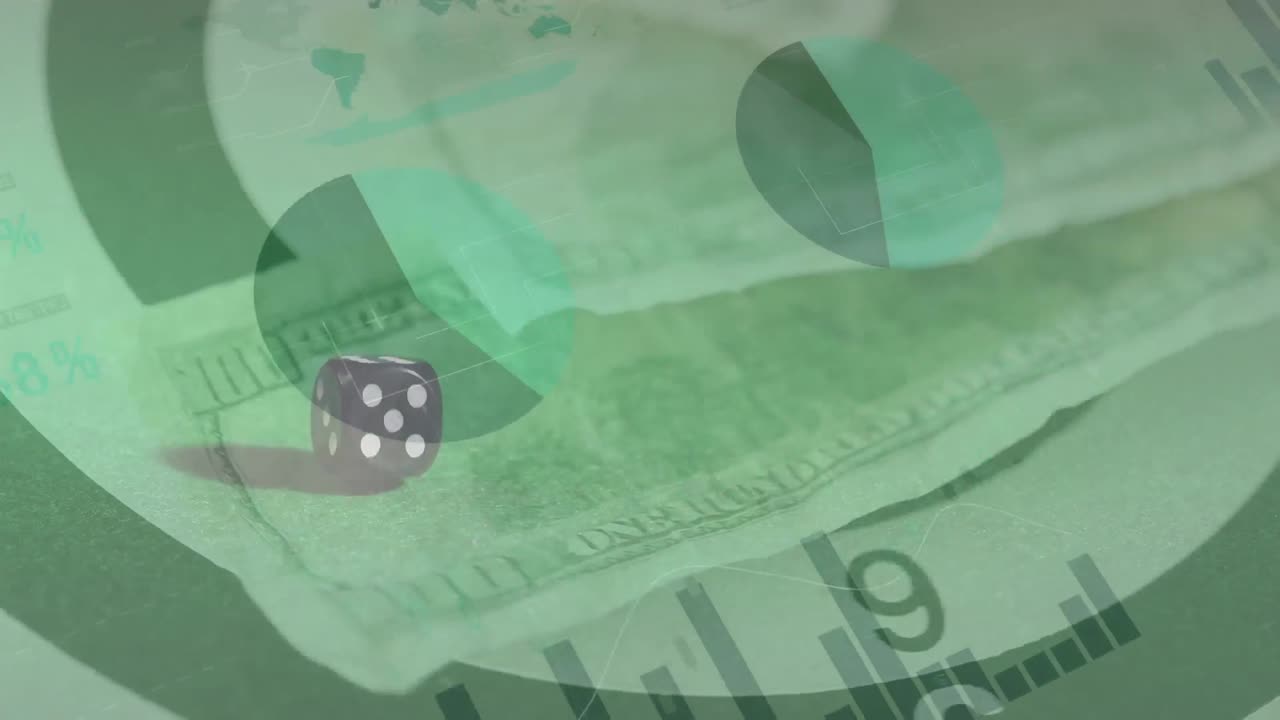 Animation of financial data processing over dice and american dollar bills on green background