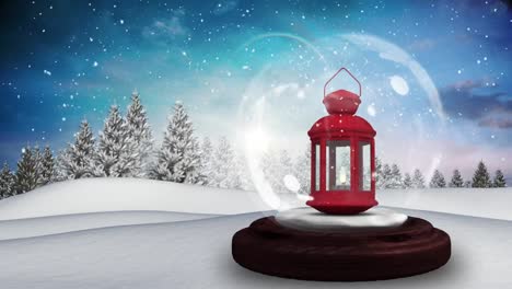 Animation-of-snow-globe-with-lantern-and-winter-scenery-with-snow-falling-in-the-background