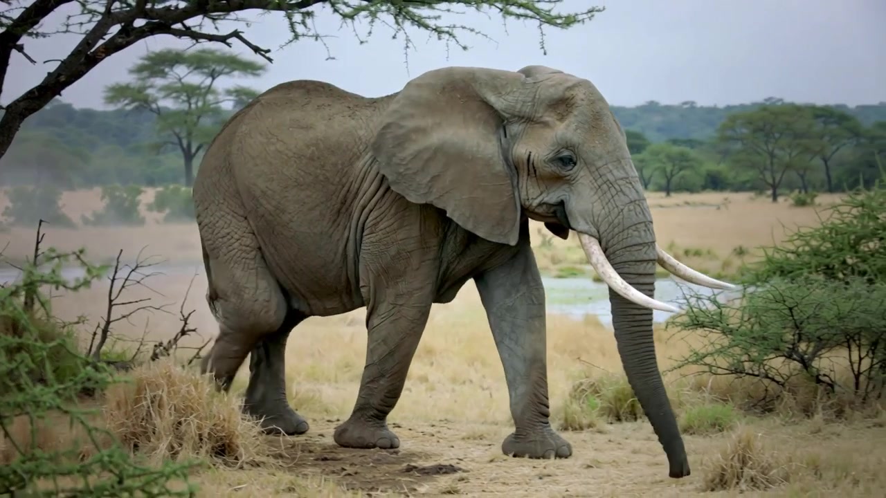 Voksen elefant træder frem, bevæger sig fra akacieskygge mod vandhul for at drikke, snabel krøller.