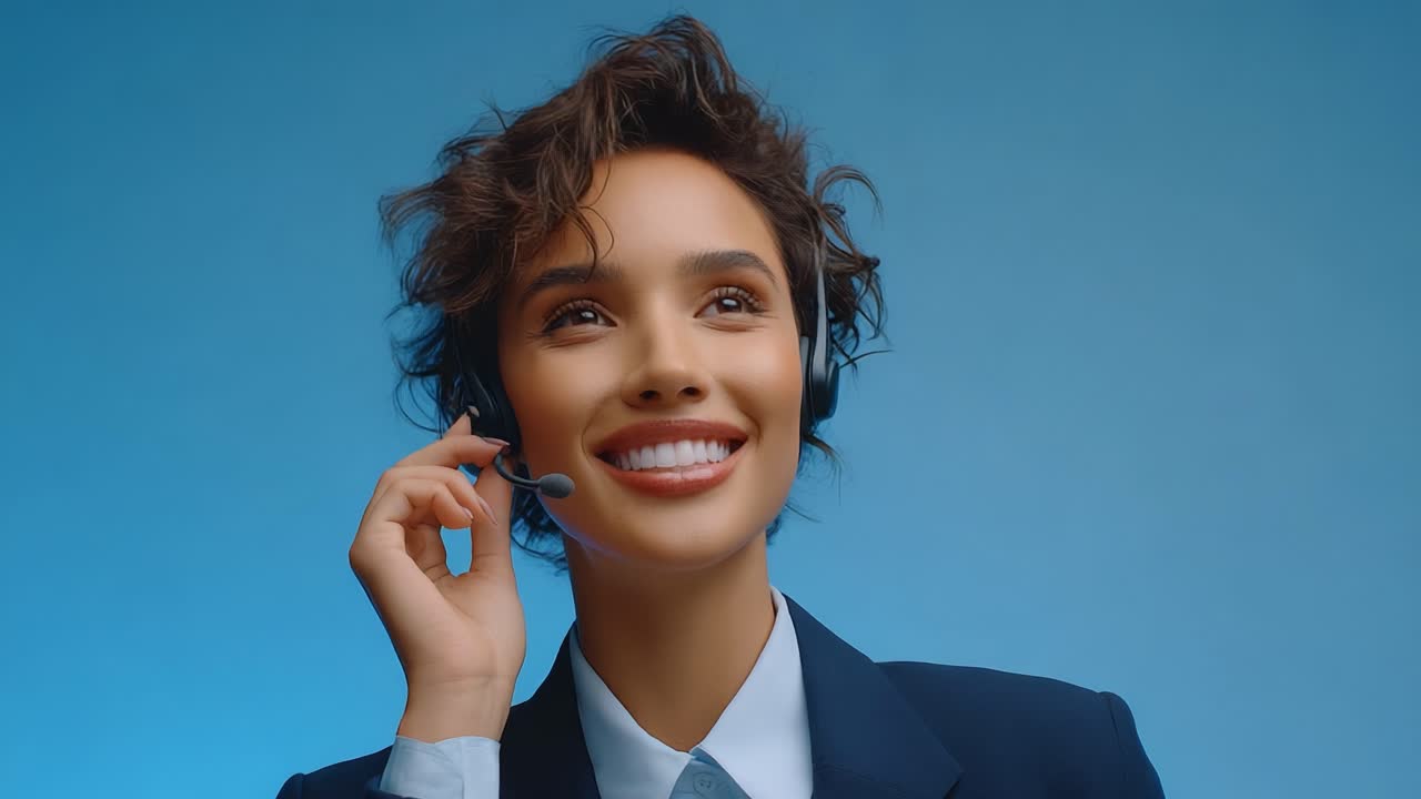 Engaging Customer Service Representative with Headset and Bright Smile on Soft Blue Background, Exuding Professionalism and Approachability