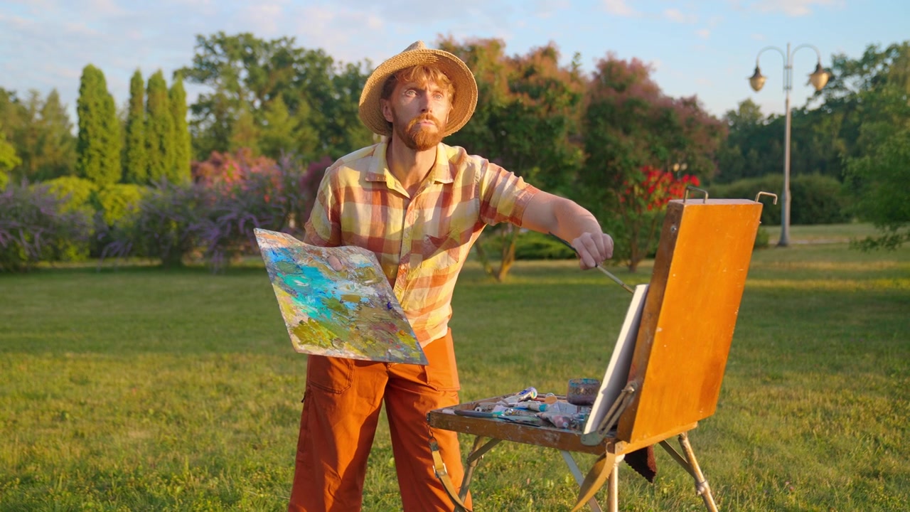 Male Artist Painting on an Easel in a Sunny Park
