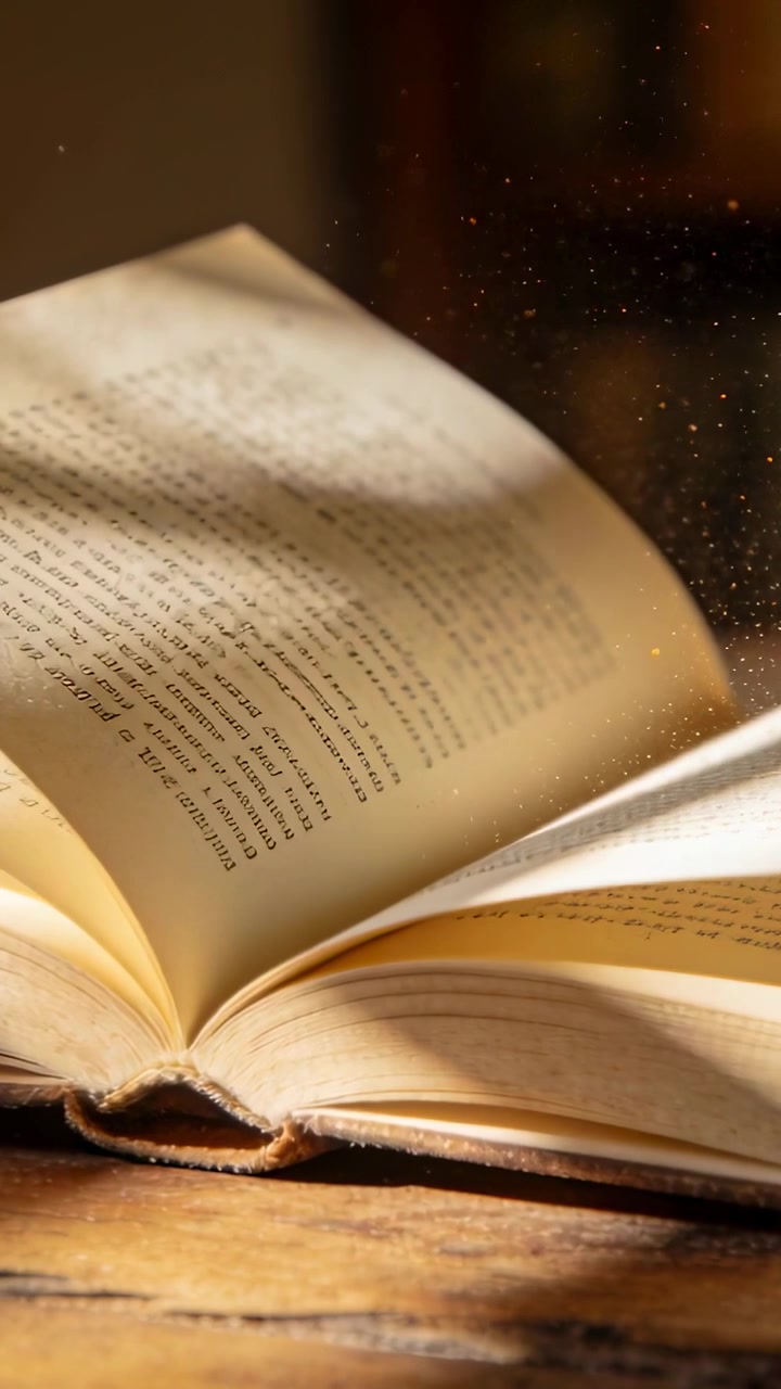 Video verticale: Corrente d'aria che solleva e fa ricadere la pagina destra di un libro aperto su un tavolo di legno, con la polvere che luccica.