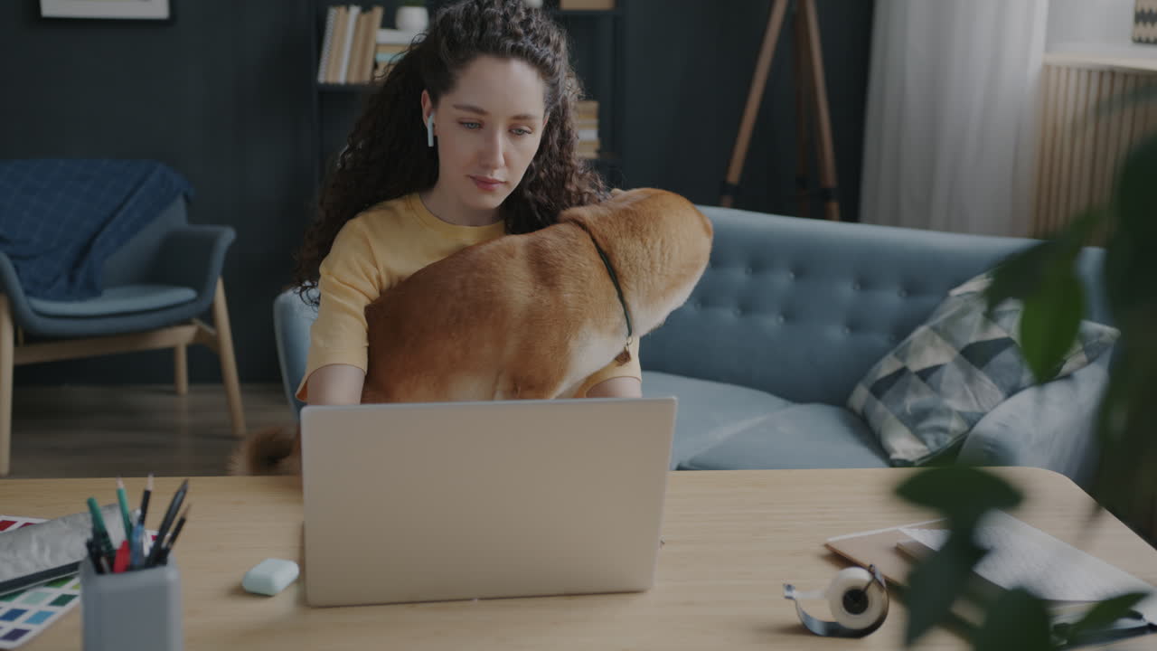 Donna che lavora al portatile con un cane