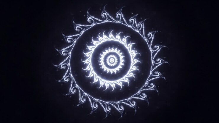 Un accattivante design circolare caratterizzato da intricati motivi a spirale in un affascinante gioco di luci su sfondo scuro, che mette in mostra la bellezza dell'arte frattale