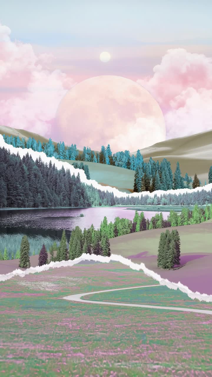 Surreal landscape video art with pastel colors, featuring a low-angle view of layered mountains