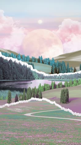 surreal landscape video art with pastel colors, featuring a low-angle view of layered mountains
