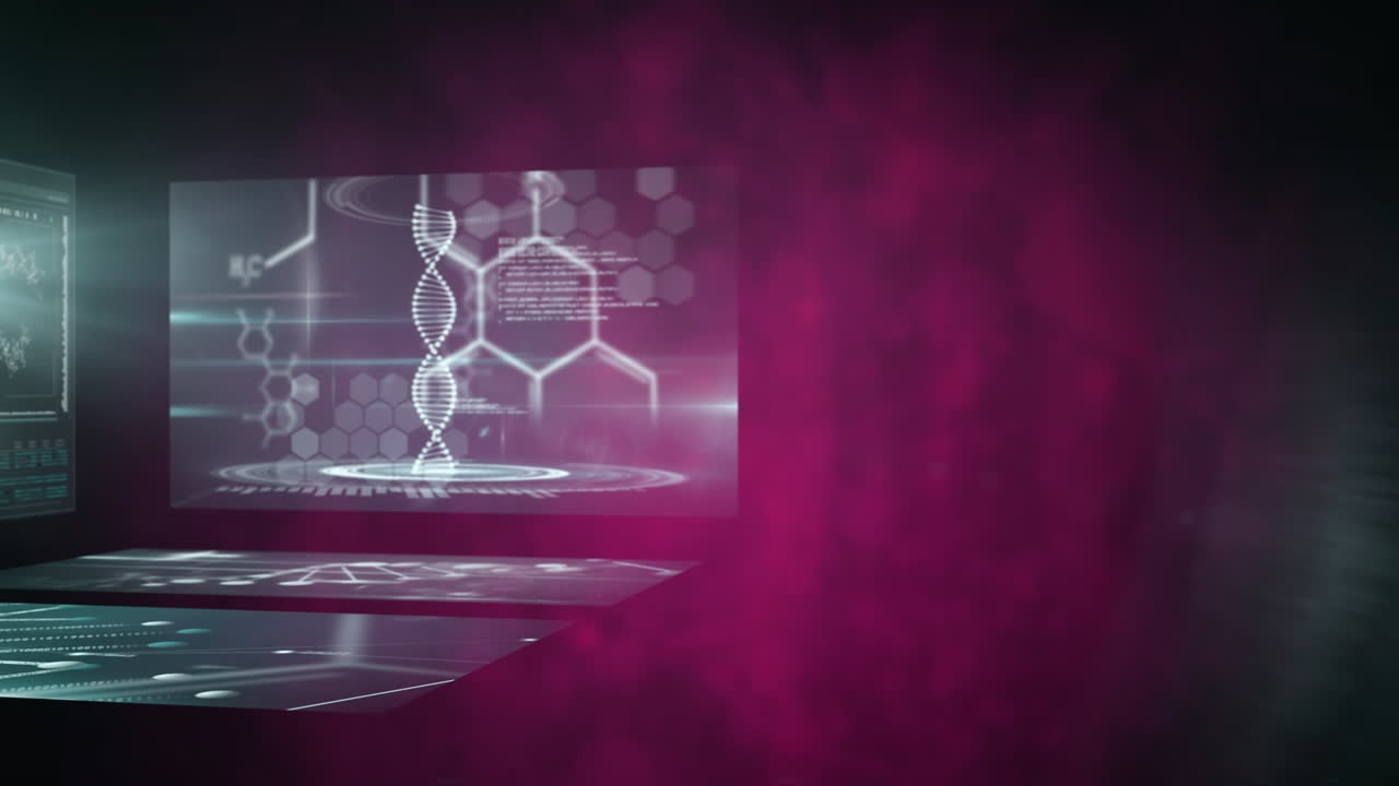 animación del procesamiento de datos científicos en pantallas con fondo negro y rosa