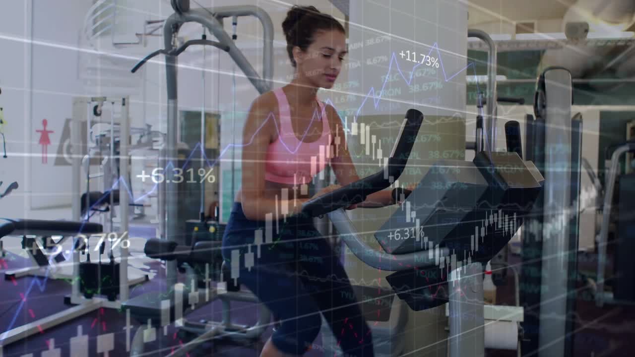 Woman pedaling on bike in gym, starting finance candlesticks overlaying console for metrics