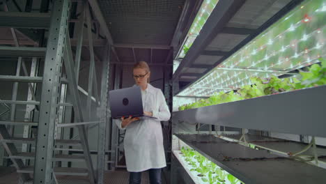 la cámara se mueve a través de los corredores de una moderna granja metálica para el cultivo de verduras y hierbas un equipo de científicos que utilizan computadoras y tecnología moderna controla el crecimiento y la salud de la cosecha.