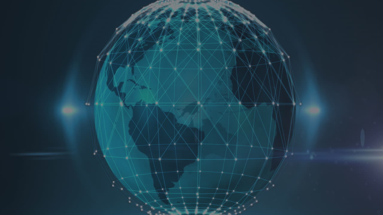 Animation of light spot and gradient light trails over spinning globe against blue background