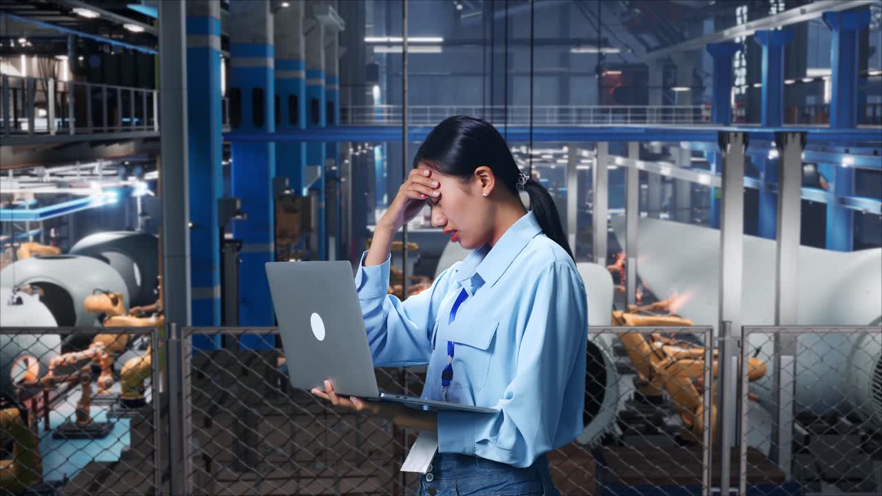 공장에서 문제에 직면한 여성
