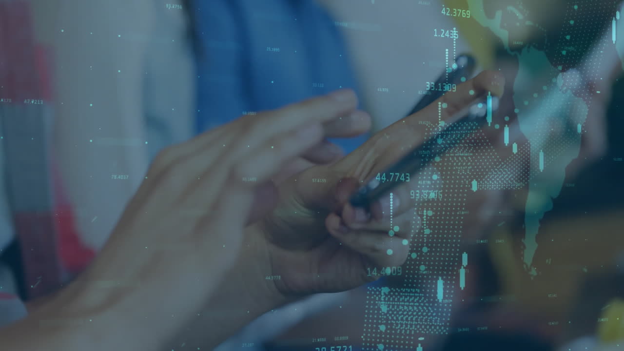 Hands using smartphone over digital financial data and world map animation