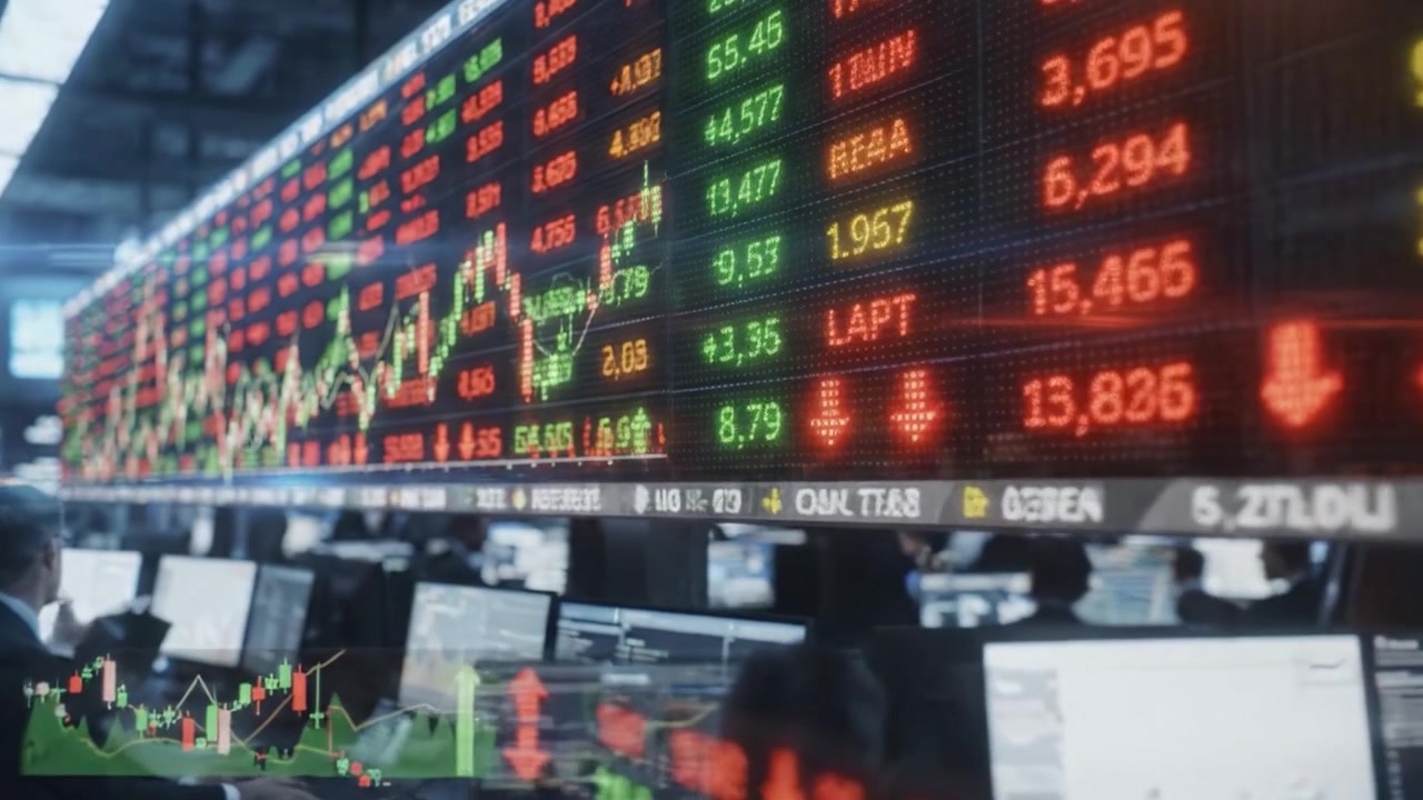 Ambiente di mercato dinamico: trader che analizzano prezzi e tendenze delle azioni in una sala di trading finanziario ad alto rischio con monitor che mostrano dati in tempo reale.