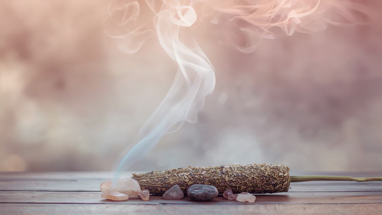 Bastoncino di smudge fumante che emette fumo riccioluto su una tavola di legno per la meditazione, sassolino di quarzo rosa