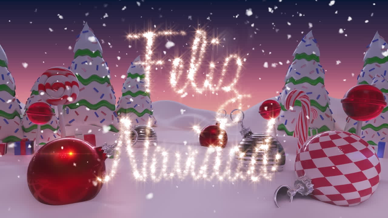 animación de los saludos de la temporada de navidad sobre un paisaje de invierno con nieve y decoraciones navideñas