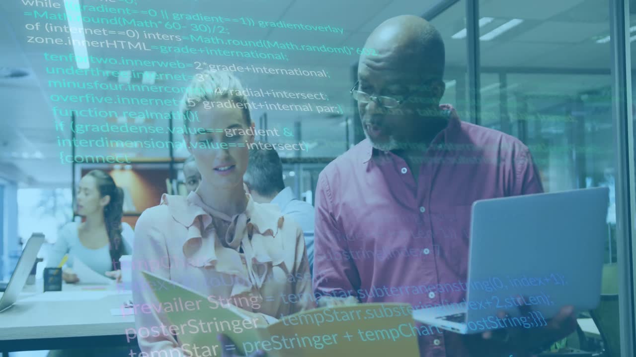 Animation of financial data processing over diverse business people