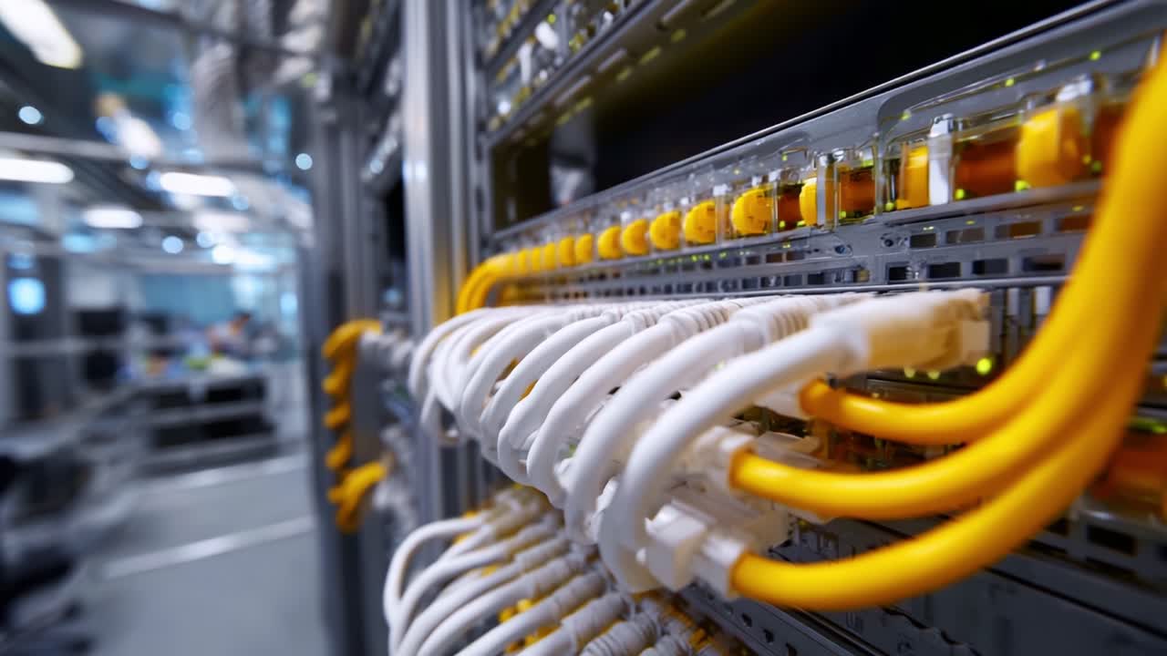 An Inside Look at Data Center Equipment: A Close-Up of Network Cables in a High-Tech Server Rack Environment with Advanced Connectivity in Focus