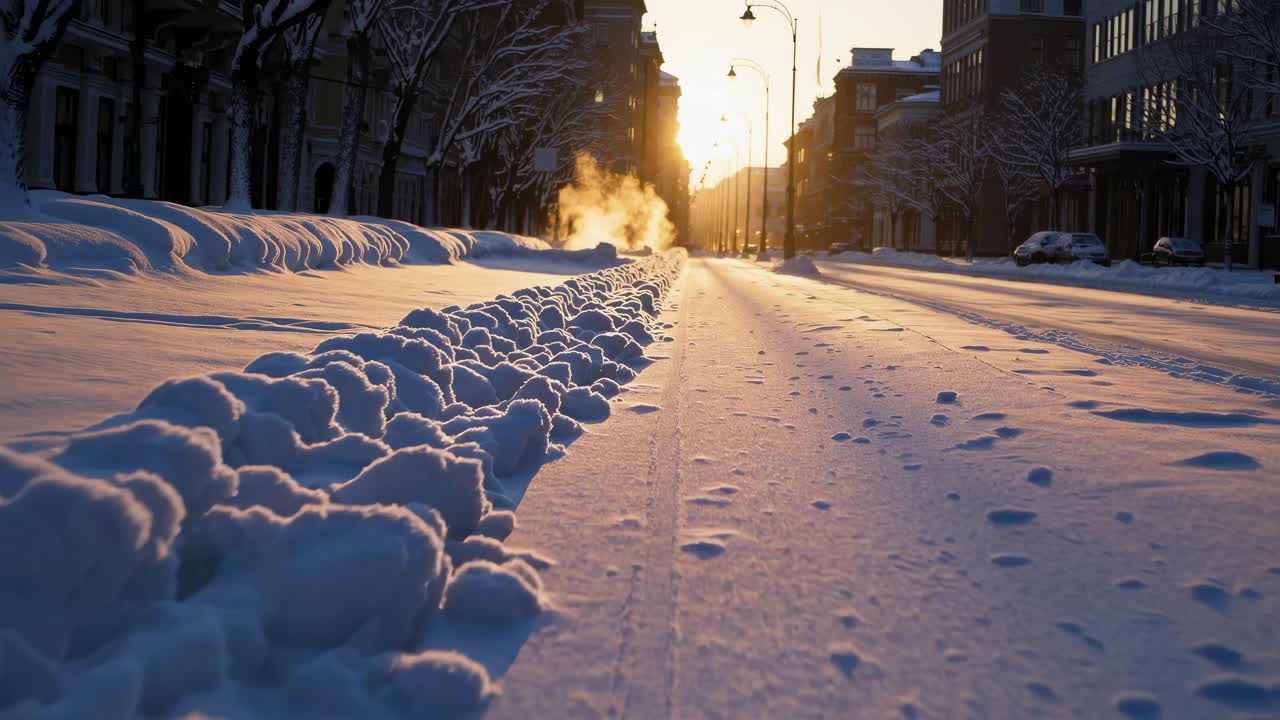 Snowy City Street at Sunrise