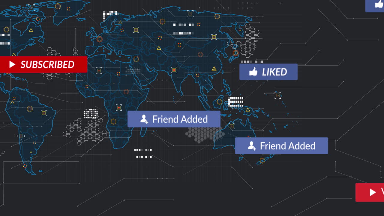 Animation of text and icon in notification bars over circuit board pattern against map in background