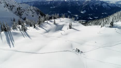 Esquiadores-Arrojando-Nieve-Hacia-Arriba-En-Una-Montaña-Cubierta-De-Nieve-4k