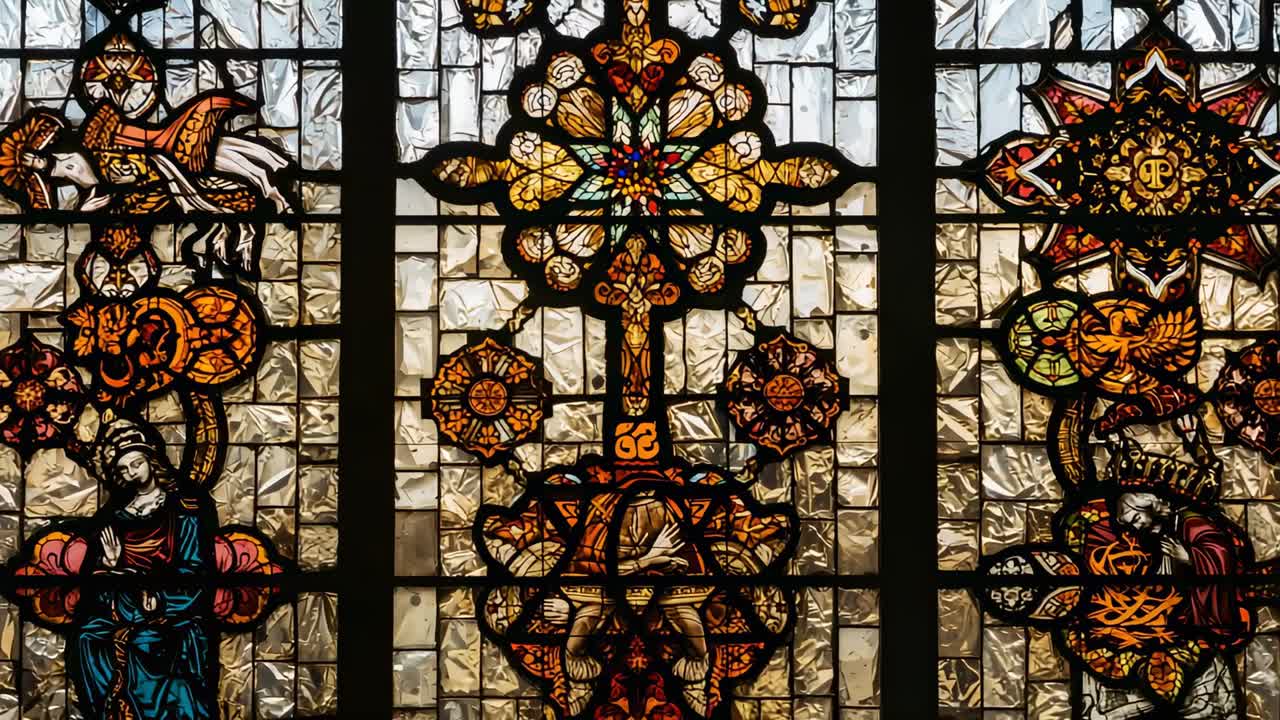 Camera panning down over glass window in church showing angel, rosette, cross and kneeling figure