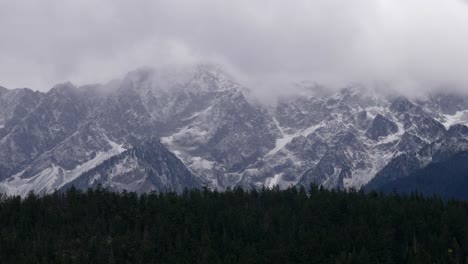 craggy mountain landscape during winter with dense spruce forest