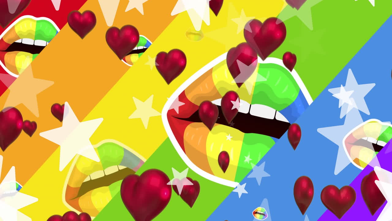 다채로운 배경에 열린 입 위에 별과 심장 모양의 풍선의 애니메이션