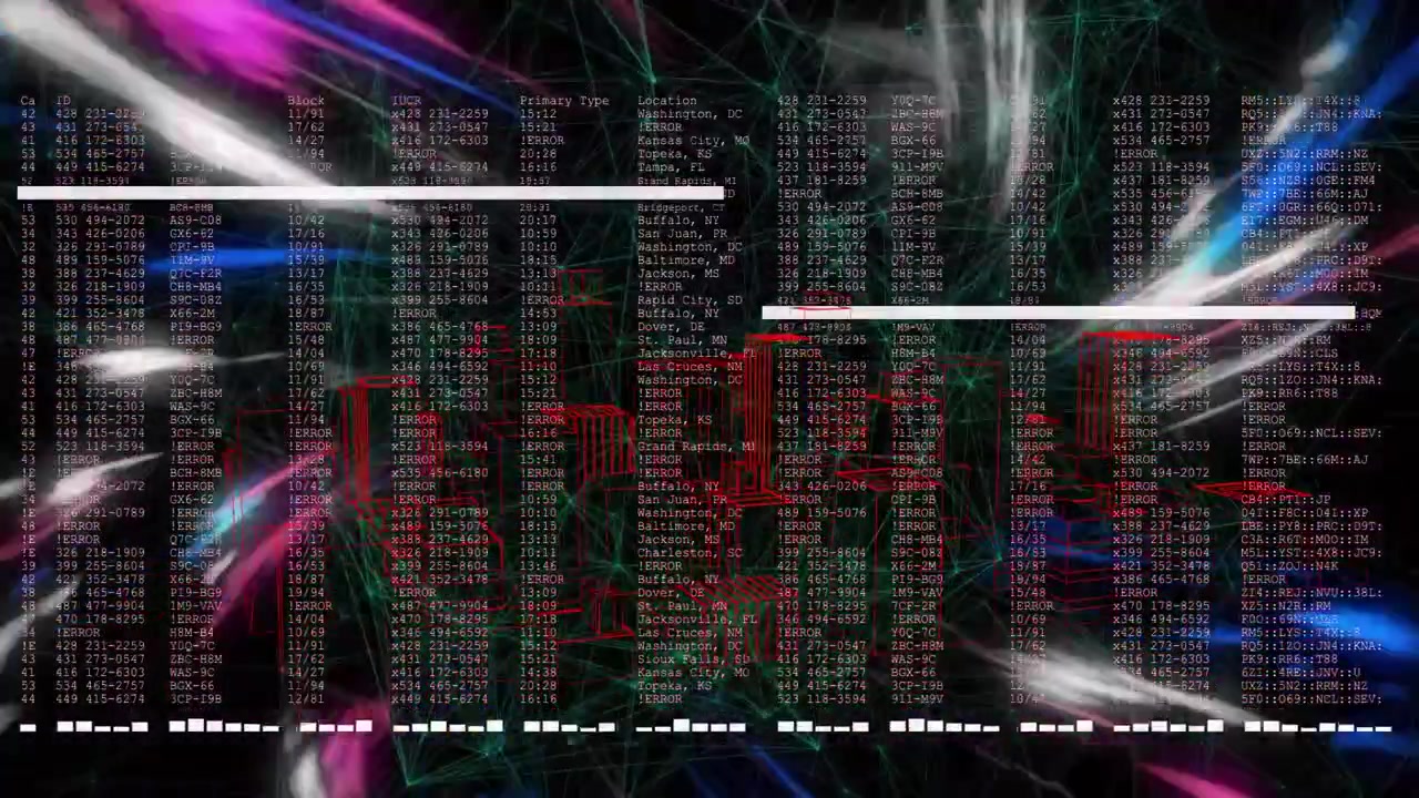 Beim Start leuchtet ein grünes Netz mit farbigen Scherben und Balken, während treibende Codespalten den Monitor füllen.