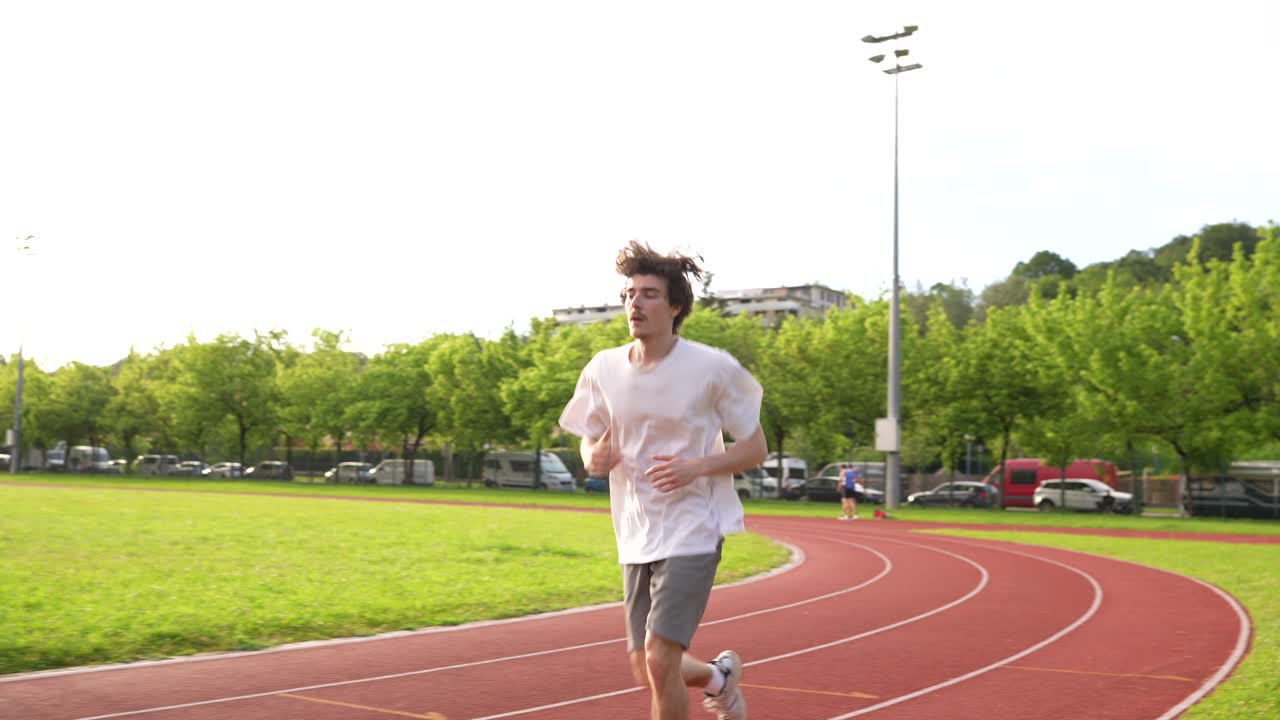 A man is exercising on a running track