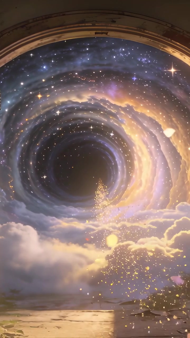 Vertical video: Pulling particles inward, cosmic vortex tightening above clouds at arched doorway