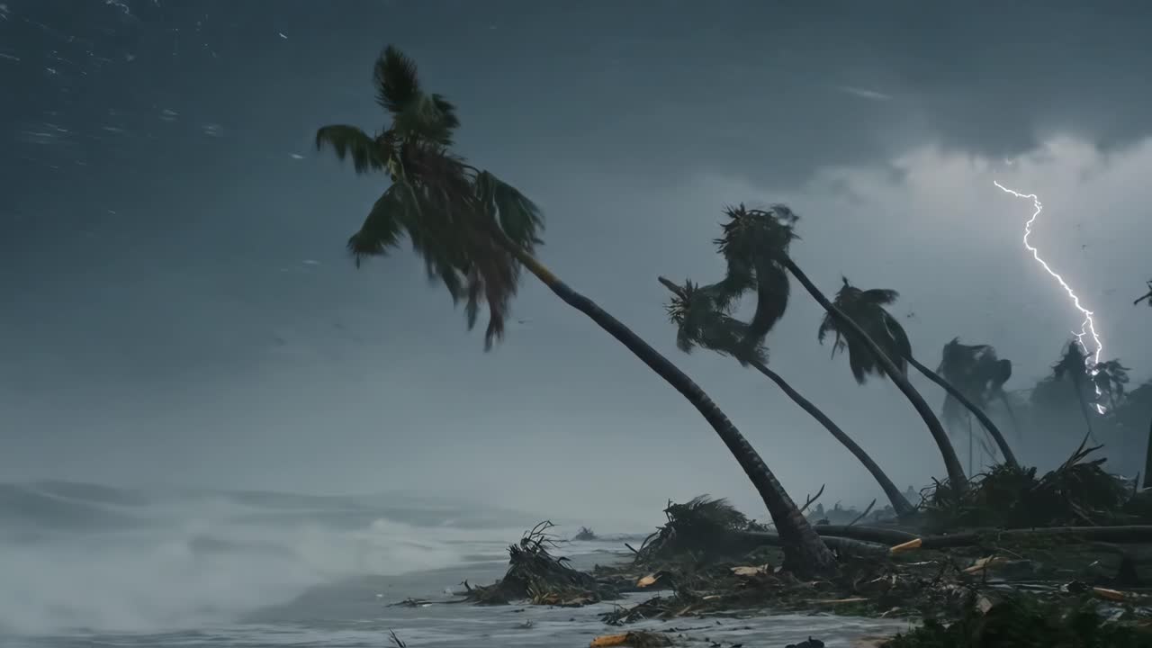 Hurricane Storm with Lightning and Palm Trees on Beach