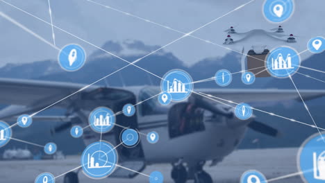 animación de la red de conexiones con iconos sobre la caja de transporte de drones y el avión en el fondo