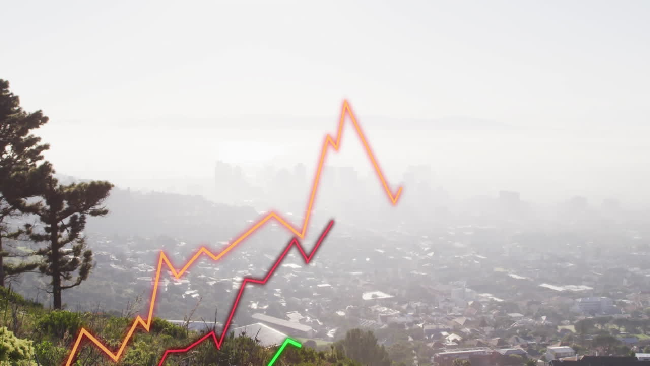 animación de gráficos de líneas que muestran el crecimiento sobre vista aérea de la silueta del paisaje urbano bajo el cielo