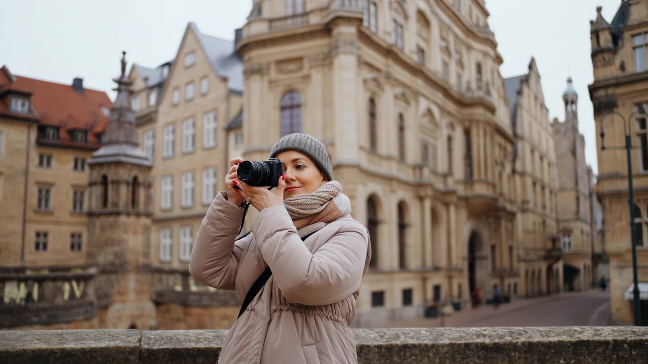 Un individuo alza la telecamera per catturare vecchie facciate architettoniche accanto a un'area lungomare, con edifici a strati, luce nuvolosa e composizione stabile che mostra un ambiente di piazza pubblica