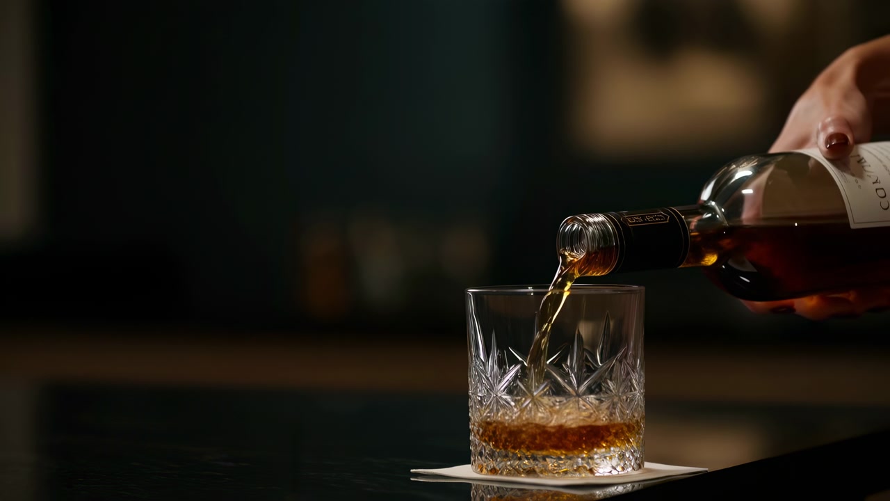 Escena de bar en primer plano muestra una mano inclinando una botella mientras un licor ámbar se vierte en un vaso de cristal tallado junto a una servilleta blanca, con un fondo oscuro y borroso, tonos dorados intensos, poca profundidad de campo y un ambiente elegante
