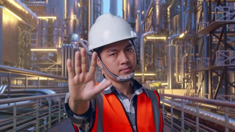 close up of asian male engineer with safety helmet disapproving with no hand sign while standing at a vast oil refinery