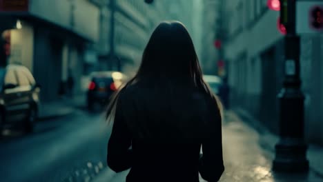 a woman walking down a dark city street