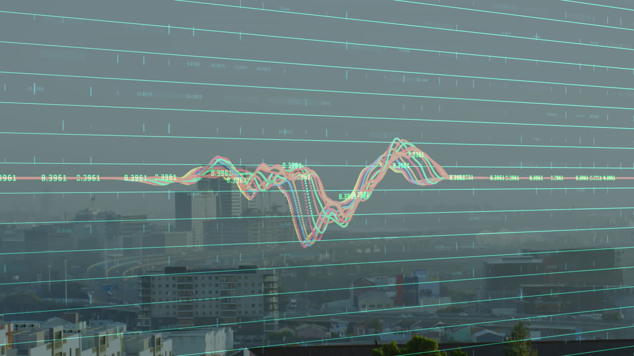 animación del procesamiento de datos frente a una vista aérea del paisaje urbano