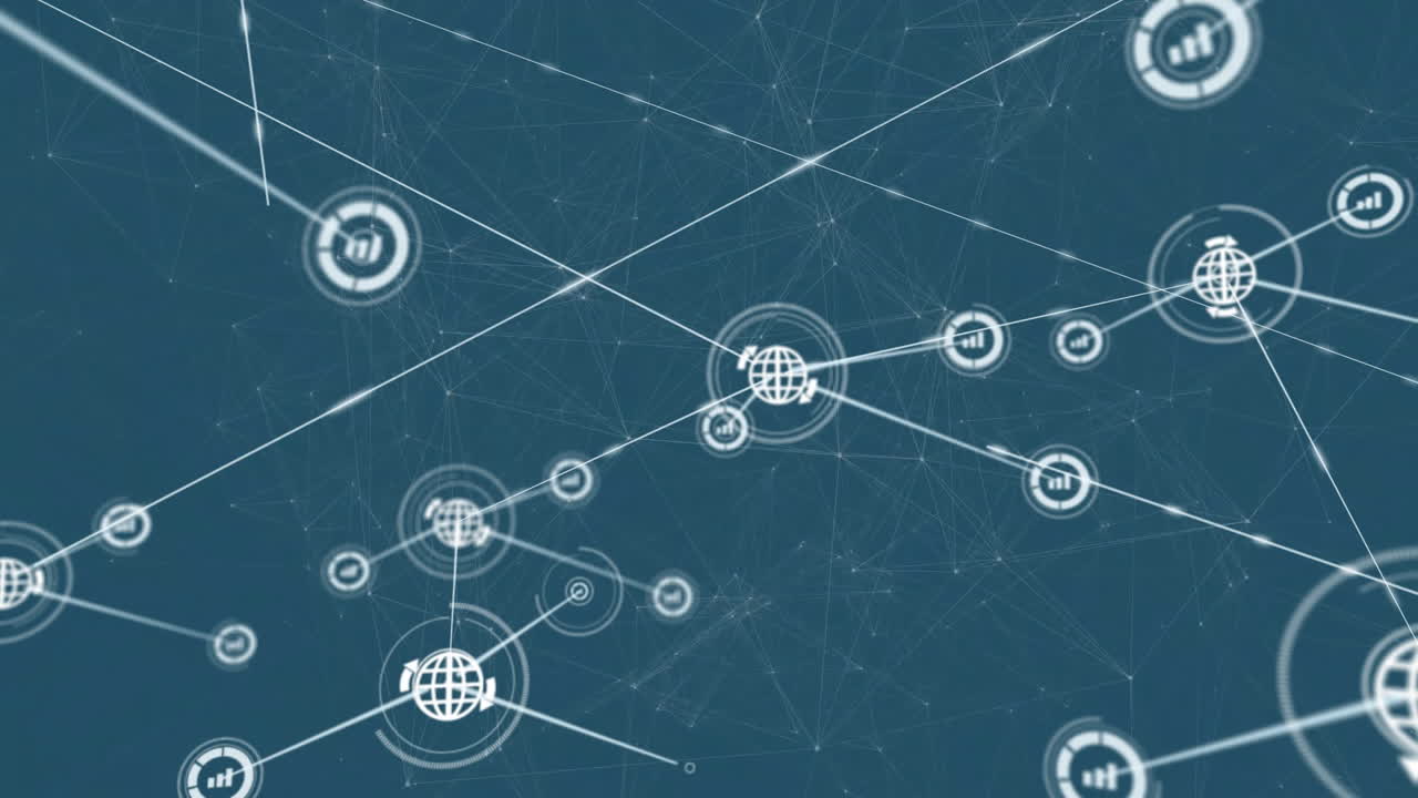 animación de la red de conexiones con iconos de globo sobre fondo azul