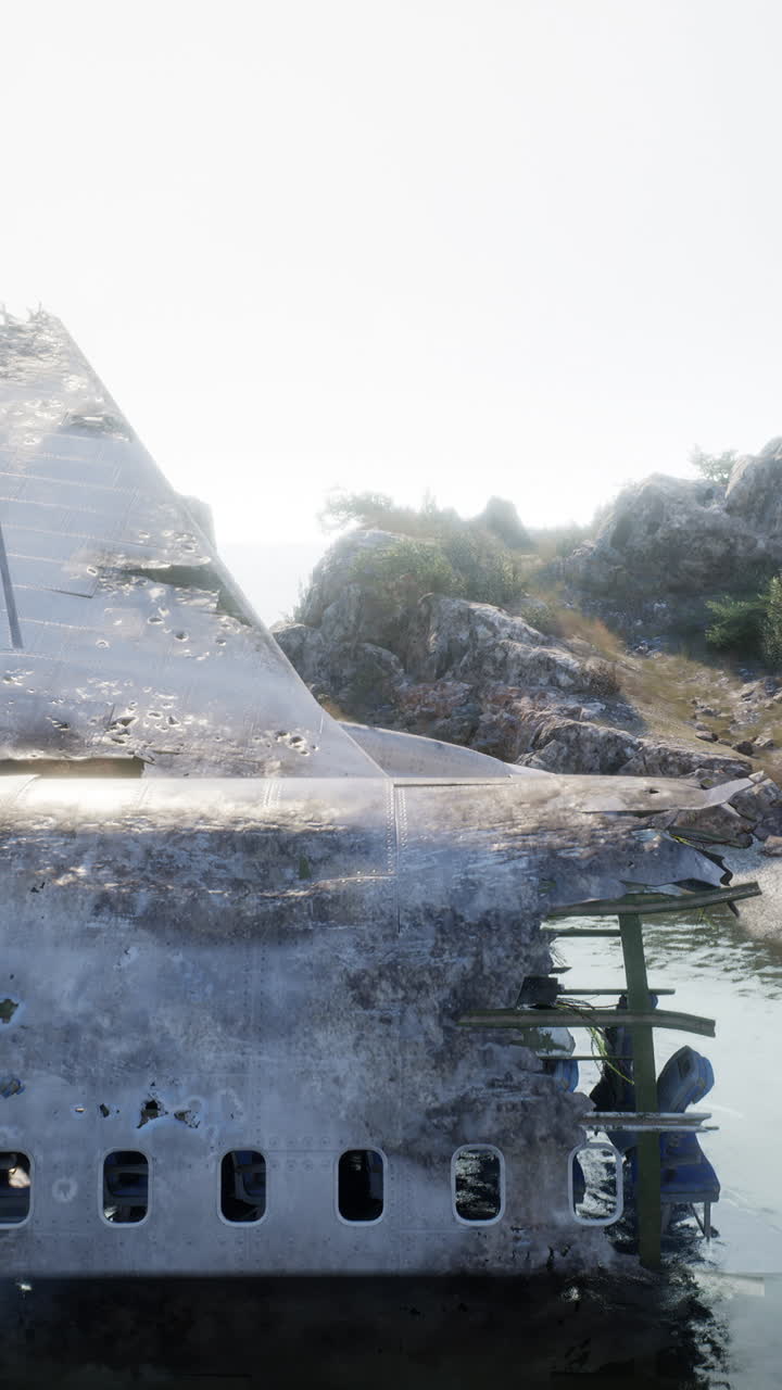 바위가 있는 해안선에서 비행기 추락