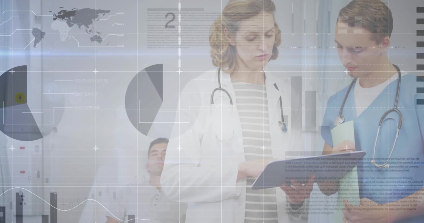 Animation of financial data and graphs over caucasian female and male doctors