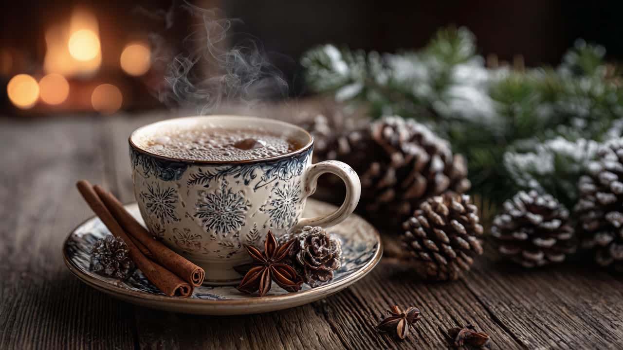 A Cozy Winter Scene Featuring a Decorative Cup of Hot Beverage Surrounded by Pinecones and Cinnamon Sticks, Perfect for Invoking Warmth and Comfort