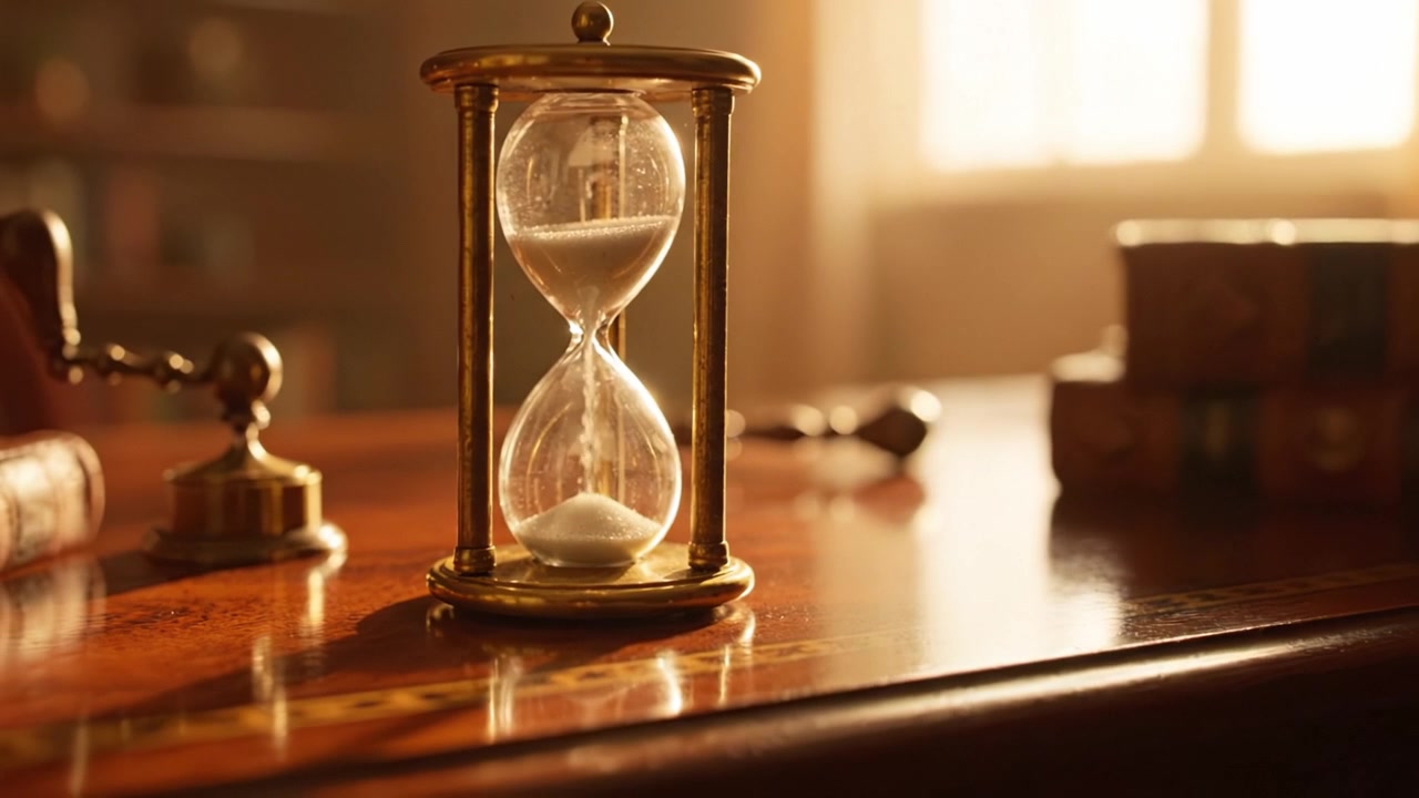 Eine elegante Sanduhr, die die Essenz der Zeit in einer warm beleuchteten Umgebung auf einem polierten Holzschreibtisch einfängt, umgeben von Schatten und sanfter Beleuchtung.