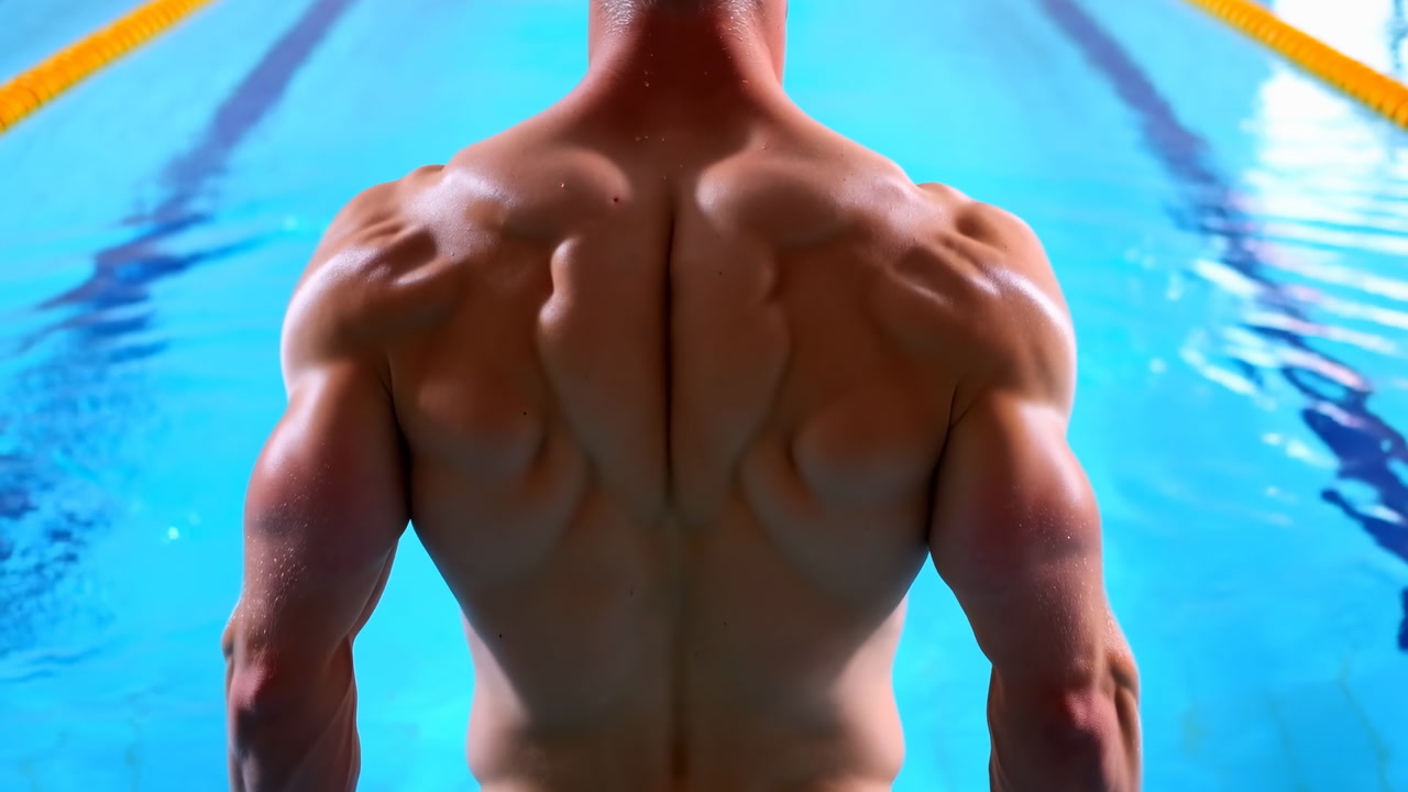 Muscular Caucasian Swimmer Back At Pool Standing On Starting Block, Defined Shoulders And Lats, Glistening Wet