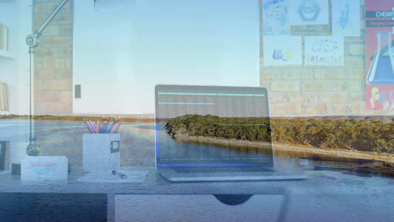Office desk blending with river landscape, showing laptop data and pencil holder in flat design