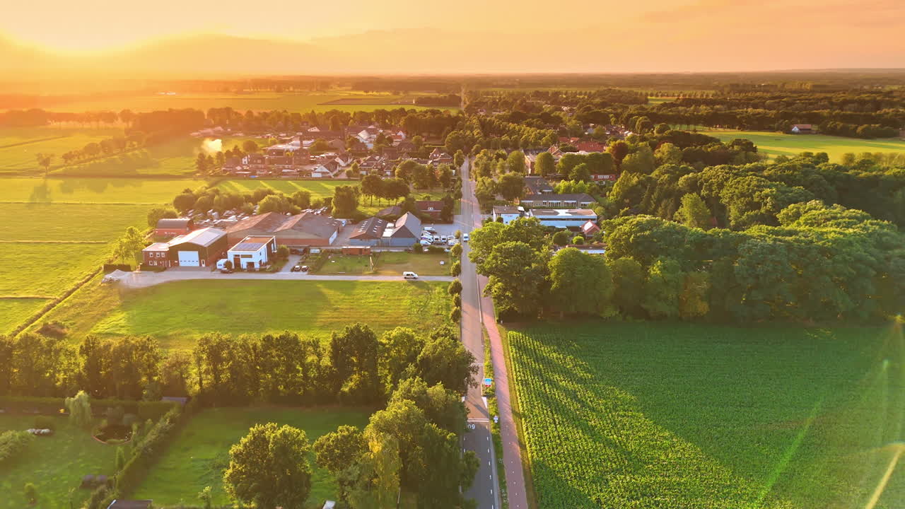 Sunset over rural community with fields. A vibrant sunset casts golden light over a peaceful rural community surrounded by lush fields and trees